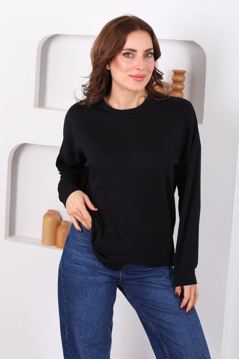 Bisiklet Yaka Asimetrik Parçalı Siyah Kadın Sweat - 1