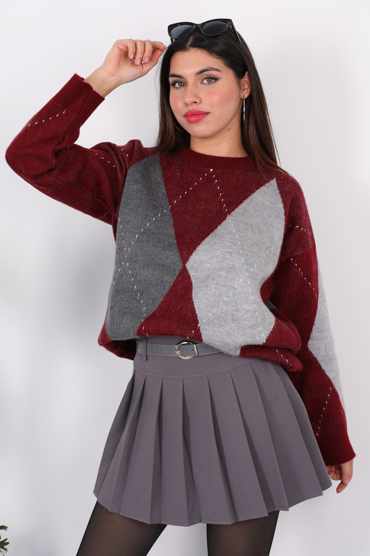 Bisiklet Yaka Baklava Desen Oversize Bordo Kadın Triko Kazak - 1