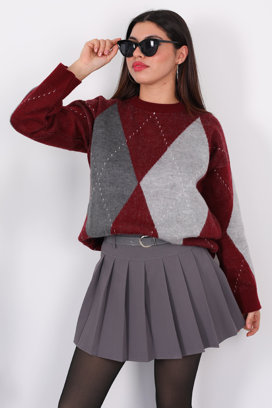 Bisiklet Yaka Baklava Desen Oversize Bordo Kadın Triko Kazak - 2