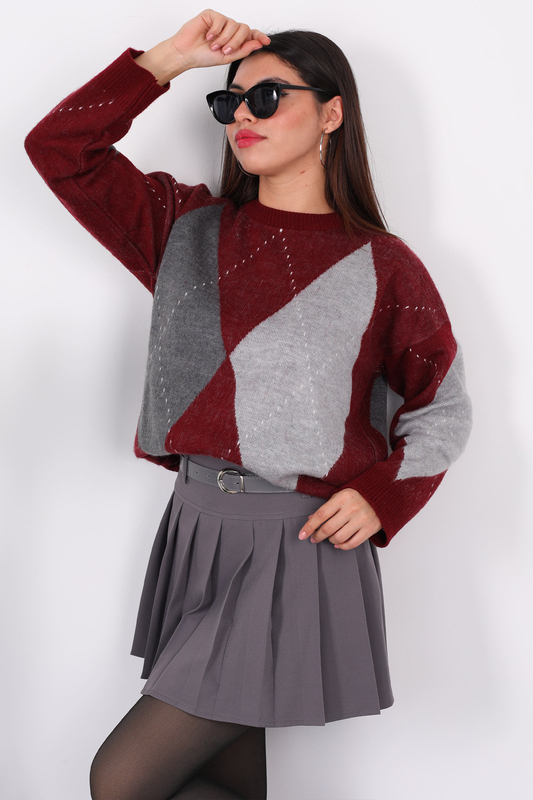 Bisiklet Yaka Baklava Desen Oversize Bordo Kadın Triko Kazak - 3