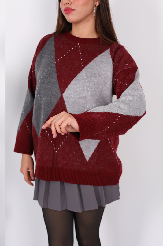 Bisiklet Yaka Baklava Desen Oversize Bordo Kadın Triko Kazak - 5