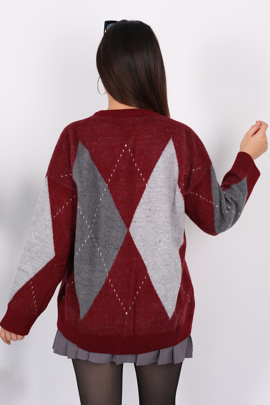 Bisiklet Yaka Baklava Desen Oversize Bordo Kadın Triko Kazak - 6