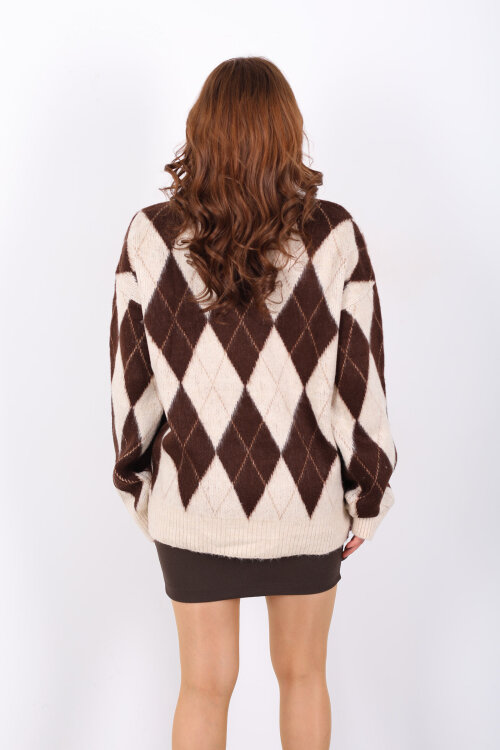 Bisiklet Yaka Baklava Desenli Oversize Bej Kadın Triko Kazak - 5