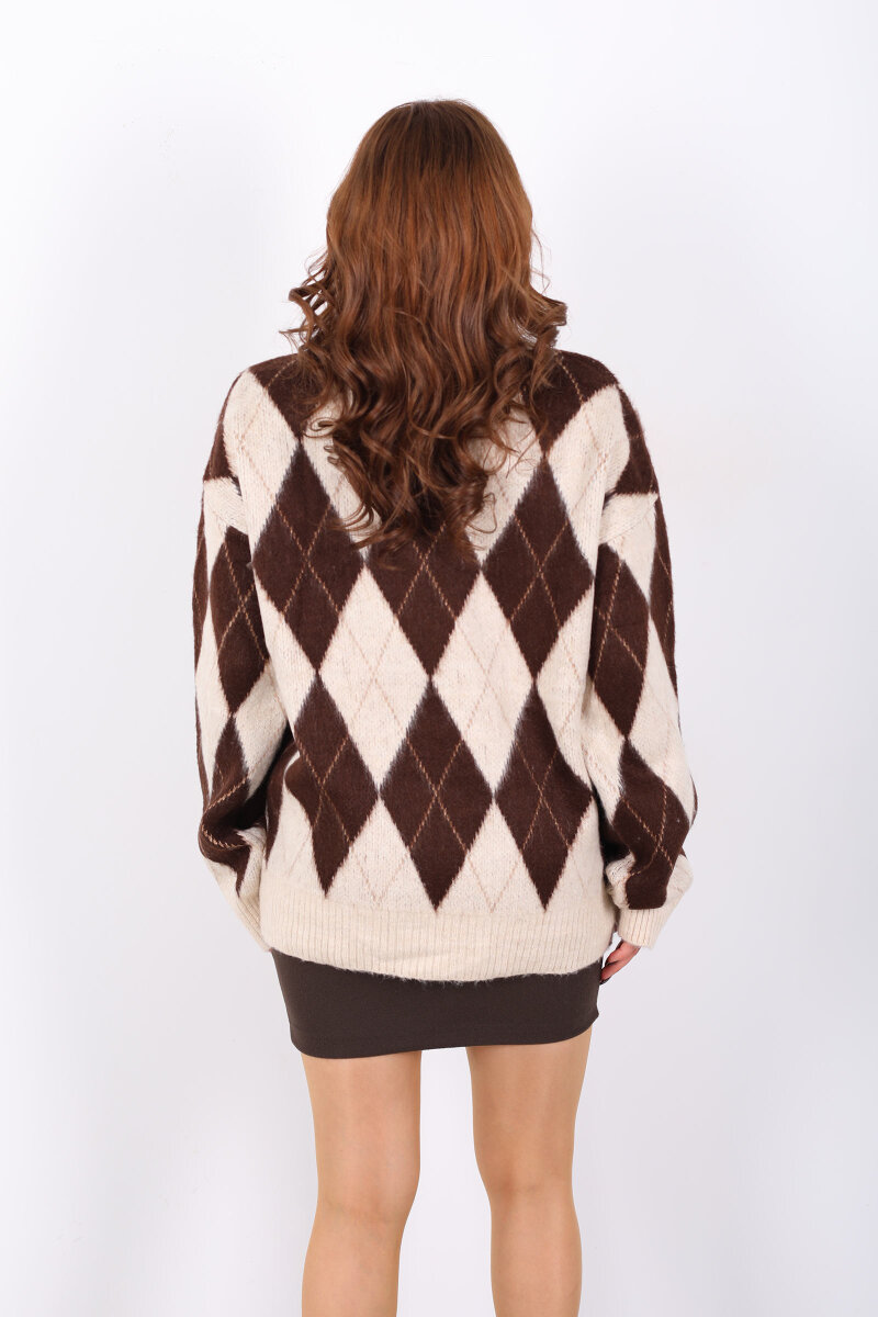 Bisiklet Yaka Baklava Desenli Oversize Bej Kadın Triko Kazak - 5