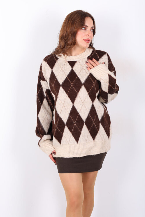 Bisiklet Yaka Baklava Desenli Oversize Bej Kadın Triko Kazak - 4