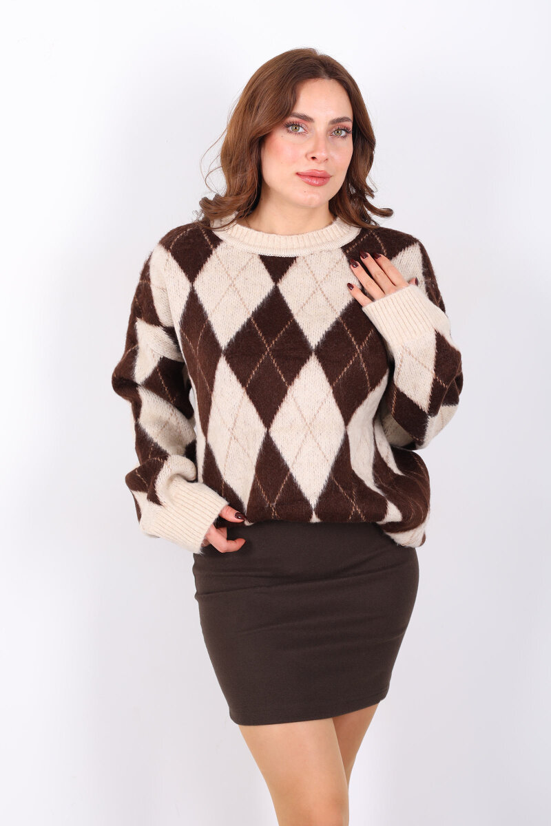 Bisiklet Yaka Baklava Desenli Oversize Bej Kadın Triko Kazak - 6