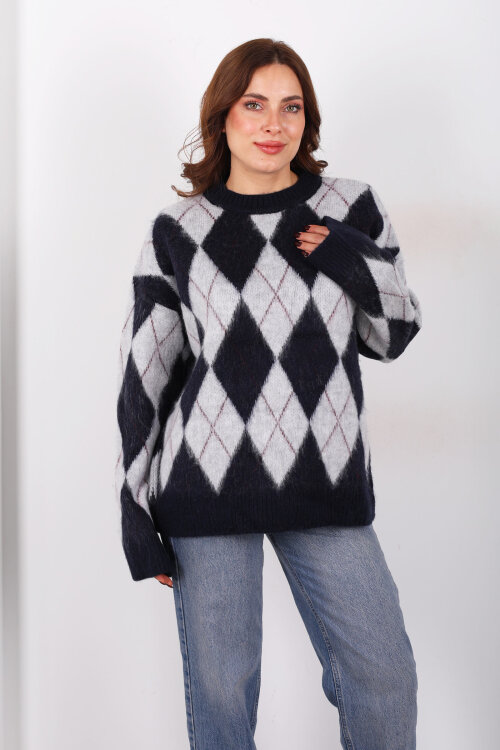 Bisiklet Yaka Baklava Desenli Oversize Lacivert Kadın Triko Kazak - 6