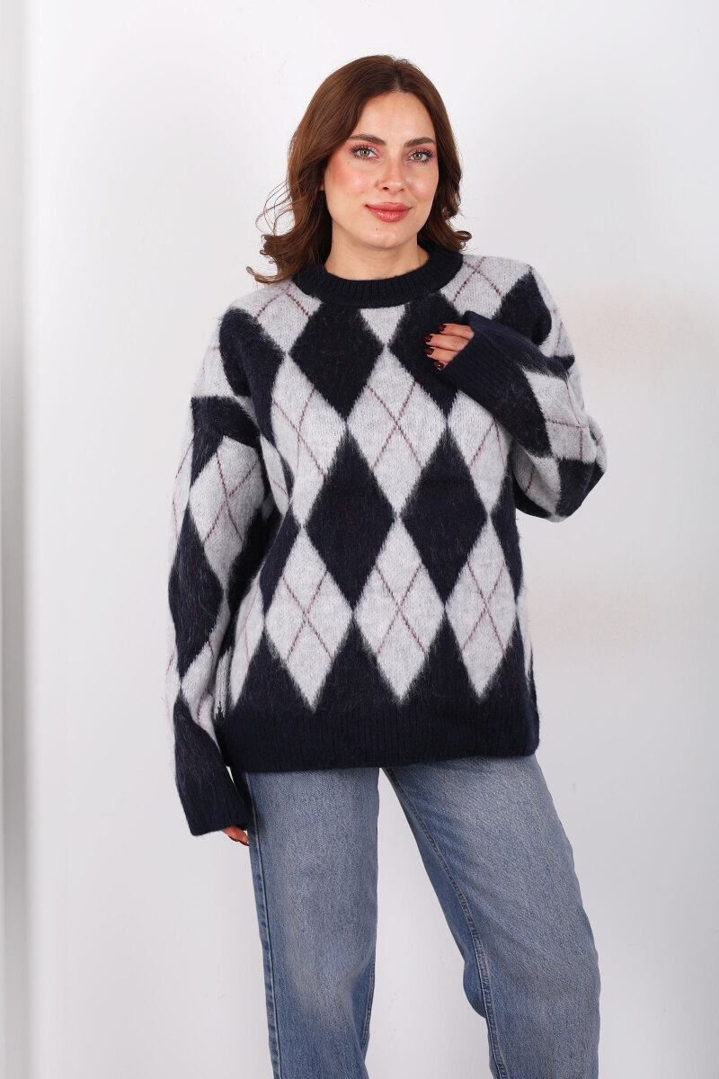 Bisiklet Yaka Baklava Desenli Oversize Lacivert Kadın Triko Kazak - 6