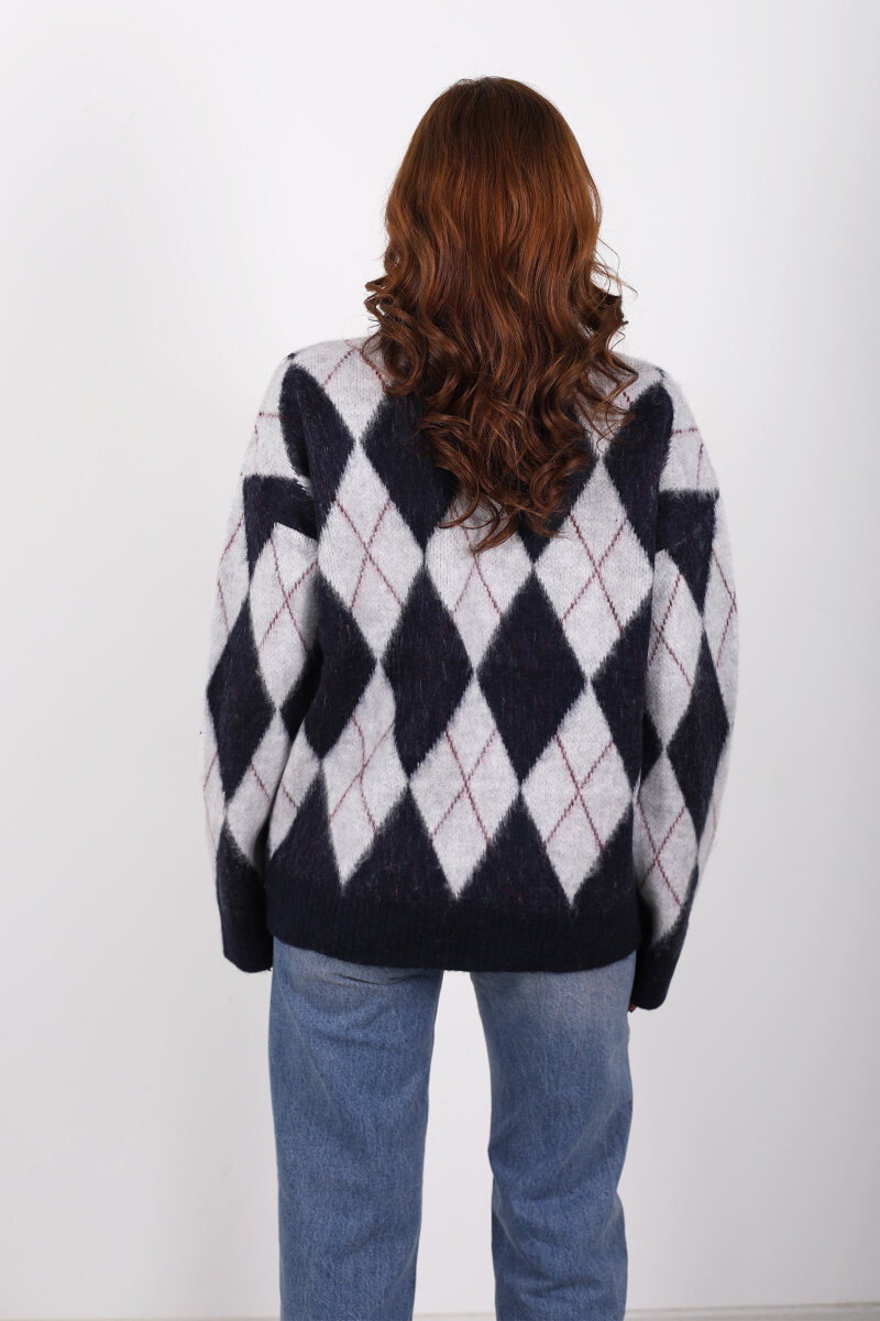 Bisiklet Yaka Baklava Desenli Oversize Lacivert Kadın Triko Kazak - 5