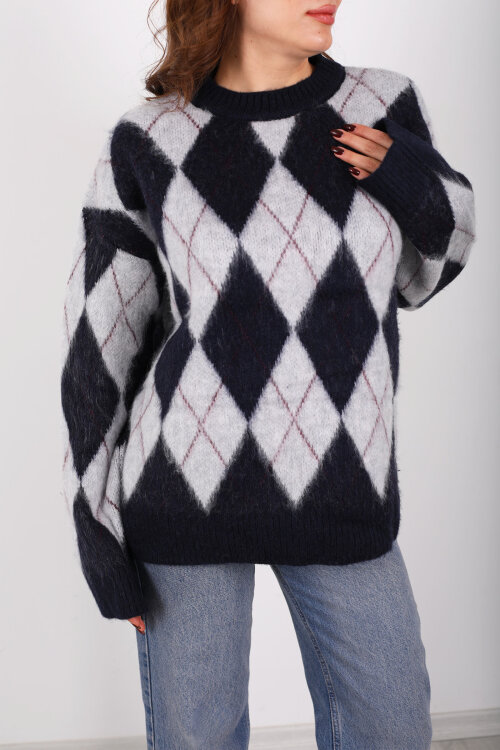 Bisiklet Yaka Baklava Desenli Oversize Lacivert Kadın Triko Kazak - Berox (1)