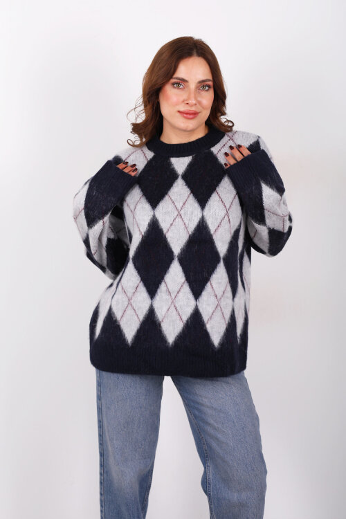 Bisiklet Yaka Baklava Desenli Oversize Lacivert Kadın Triko Kazak - 3