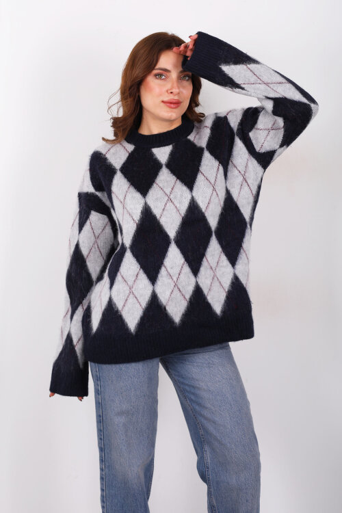 Bisiklet Yaka Baklava Desenli Oversize Lacivert Kadın Triko Kazak - Berox