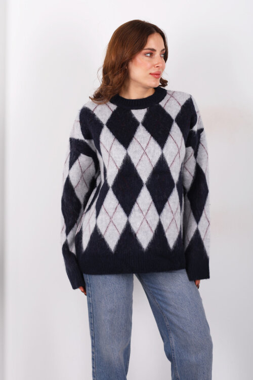 Bisiklet Yaka Baklava Desenli Oversize Lacivert Kadın Triko Kazak - 4