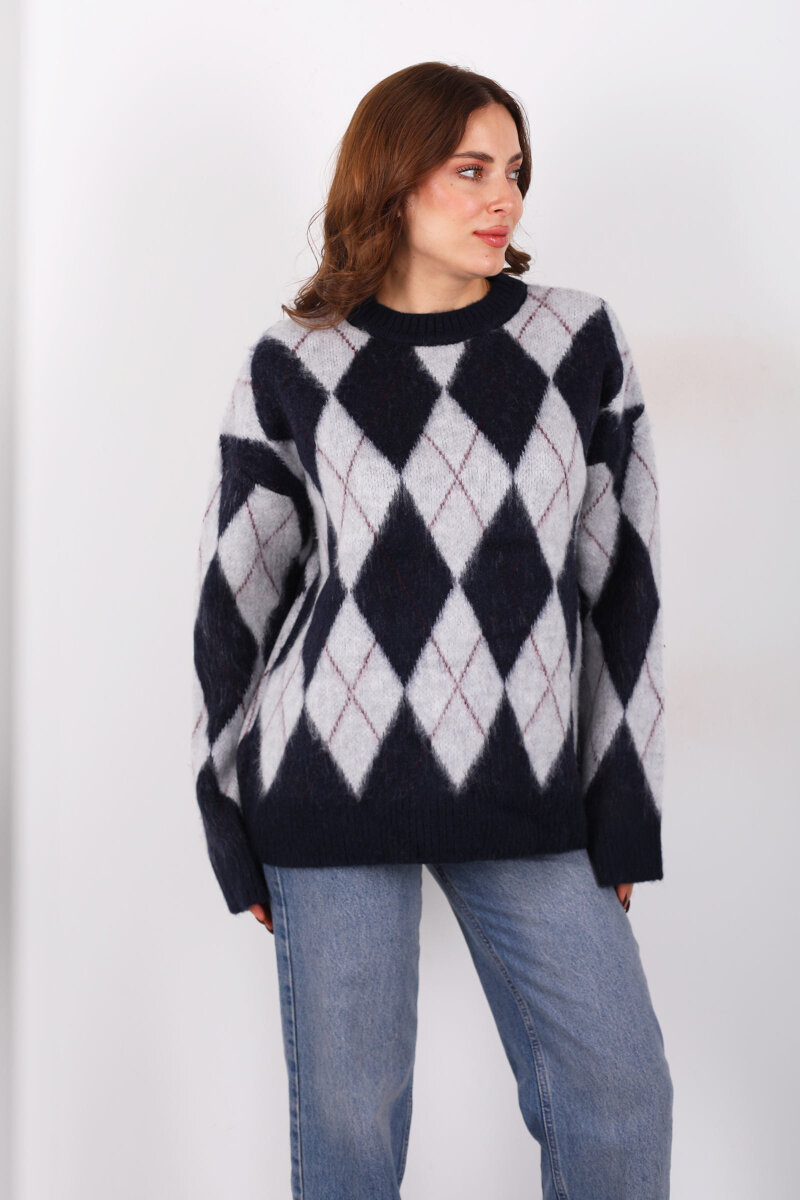 Bisiklet Yaka Baklava Desenli Oversize Lacivert Kadın Triko Kazak - 4