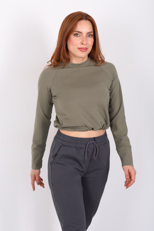 Bisiklet Yaka Belden Kordonlu Kadın Haki Belize Bluz - 5