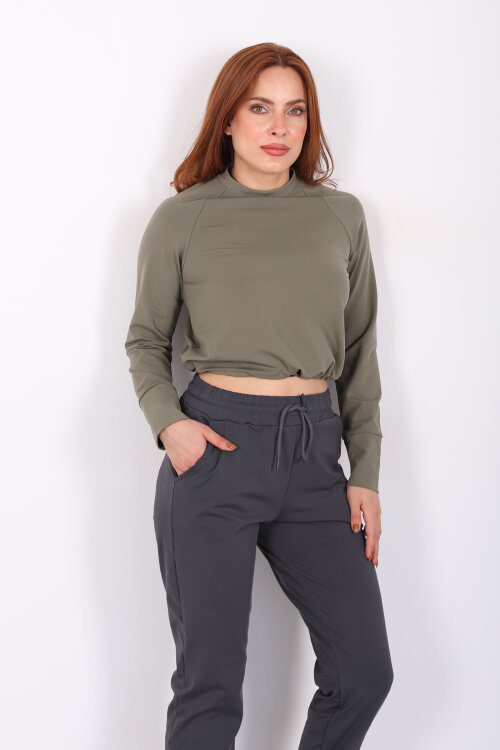 Bisiklet Yaka Belden Kordonlu Kadın Haki Belize Bluz - Berox