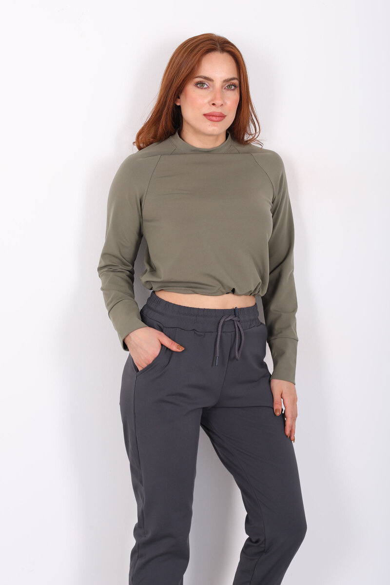 Bisiklet Yaka Belden Kordonlu Kadın Haki Belize Bluz - 1