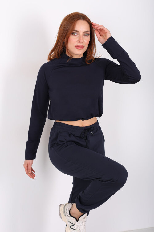 Bisiklet Yaka Belden Kordonlu Kadın Lacivert Belize Bluz - 3