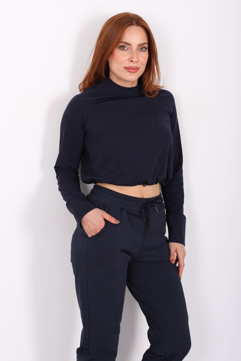Bisiklet Yaka Belden Kordonlu Kadın Lacivert Belize Bluz - 1