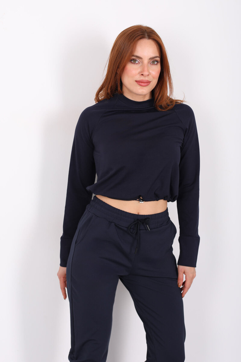 Bisiklet Yaka Belden Kordonlu Kadın Lacivert Belize Bluz - 5