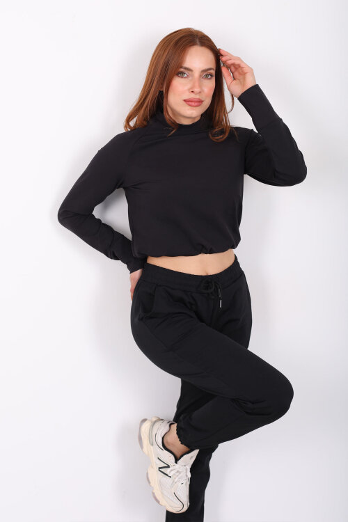 Bisiklet Yaka Belden Kordonlu Kadın Siyah Belize Bluz - Berox