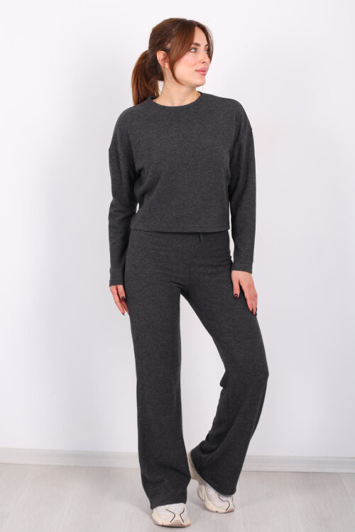 Bisiklet Yaka Beli Bağlamalı Füme Kadın Yumoş Takım - 6