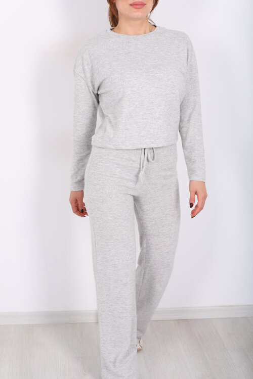 Bisiklet Yaka Beli Bağlamalı Gri Kadın Yumoş Takım - Berox (1)