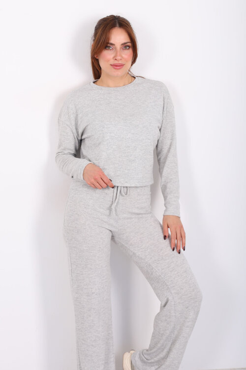 Bisiklet Yaka Beli Bağlamalı Gri Kadın Yumoş Takım - 4