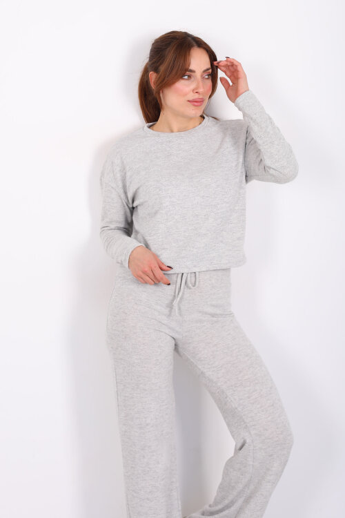 Bisiklet Yaka Beli Bağlamalı Gri Kadın Yumoş Takım - Berox