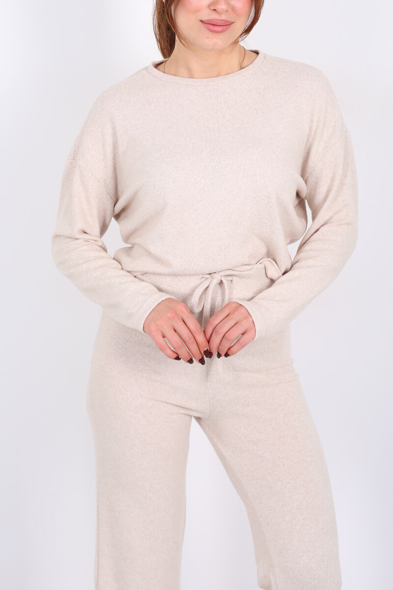 Bisiklet Yaka Beli Bağlamalı Taş Rengi Kadın Yumoş Takım - 2