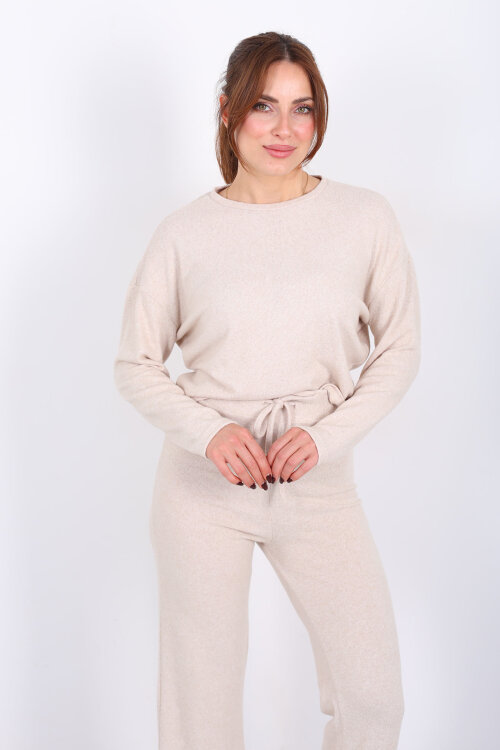 Bisiklet Yaka Beli Bağlamalı Taş Rengi Kadın Yumoş Takım - 4