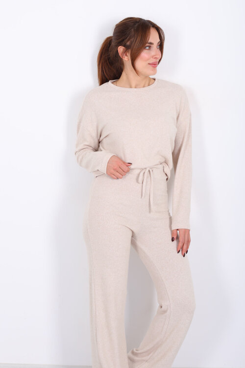 Bisiklet Yaka Beli Bağlamalı Taş Rengi Kadın Yumoş Takım - Berox