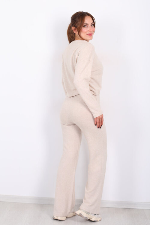 Bisiklet Yaka Beli Bağlamalı Taş Rengi Kadın Yumoş Takım - 5