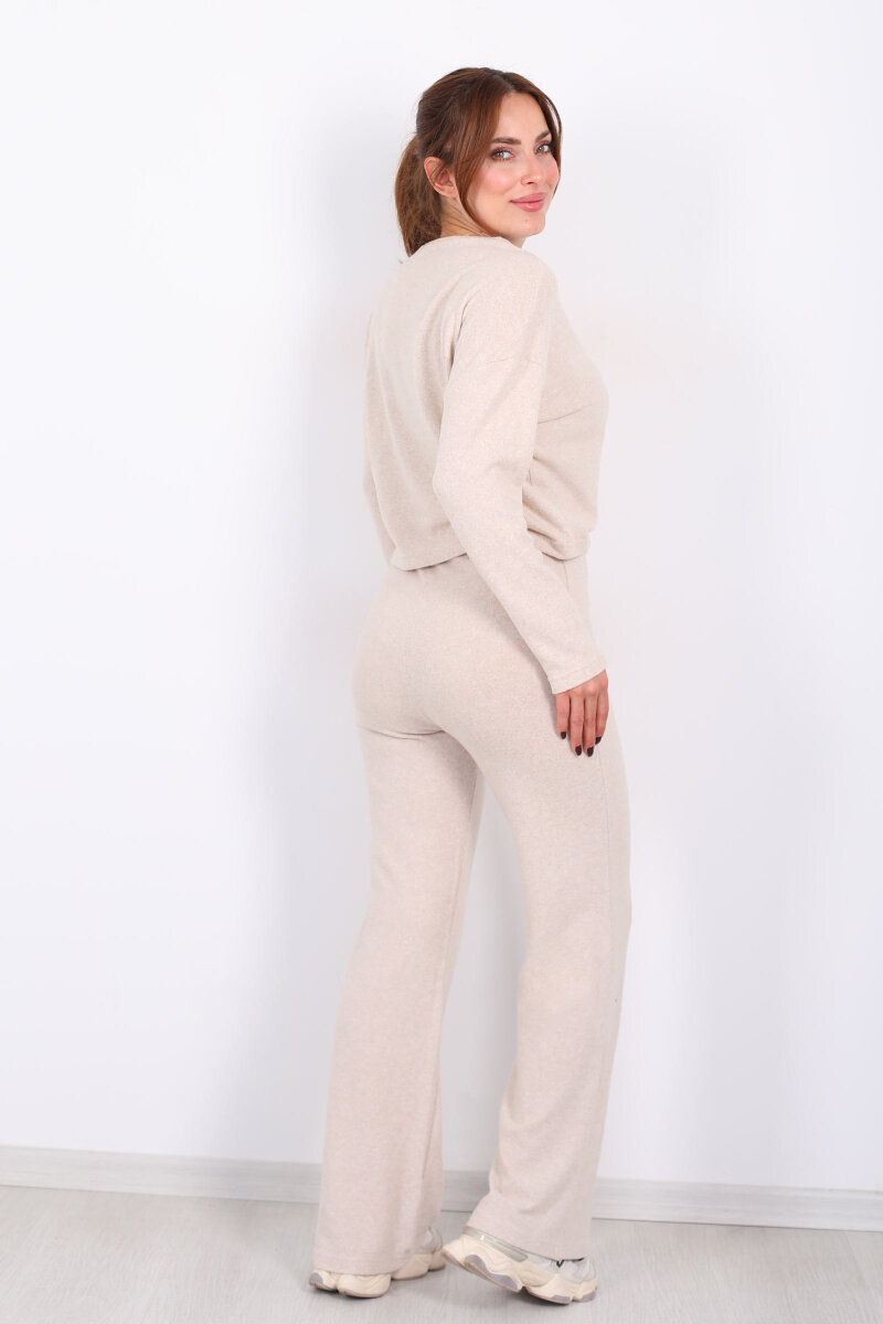 Bisiklet Yaka Beli Bağlamalı Taş Rengi Kadın Yumoş Takım - 5