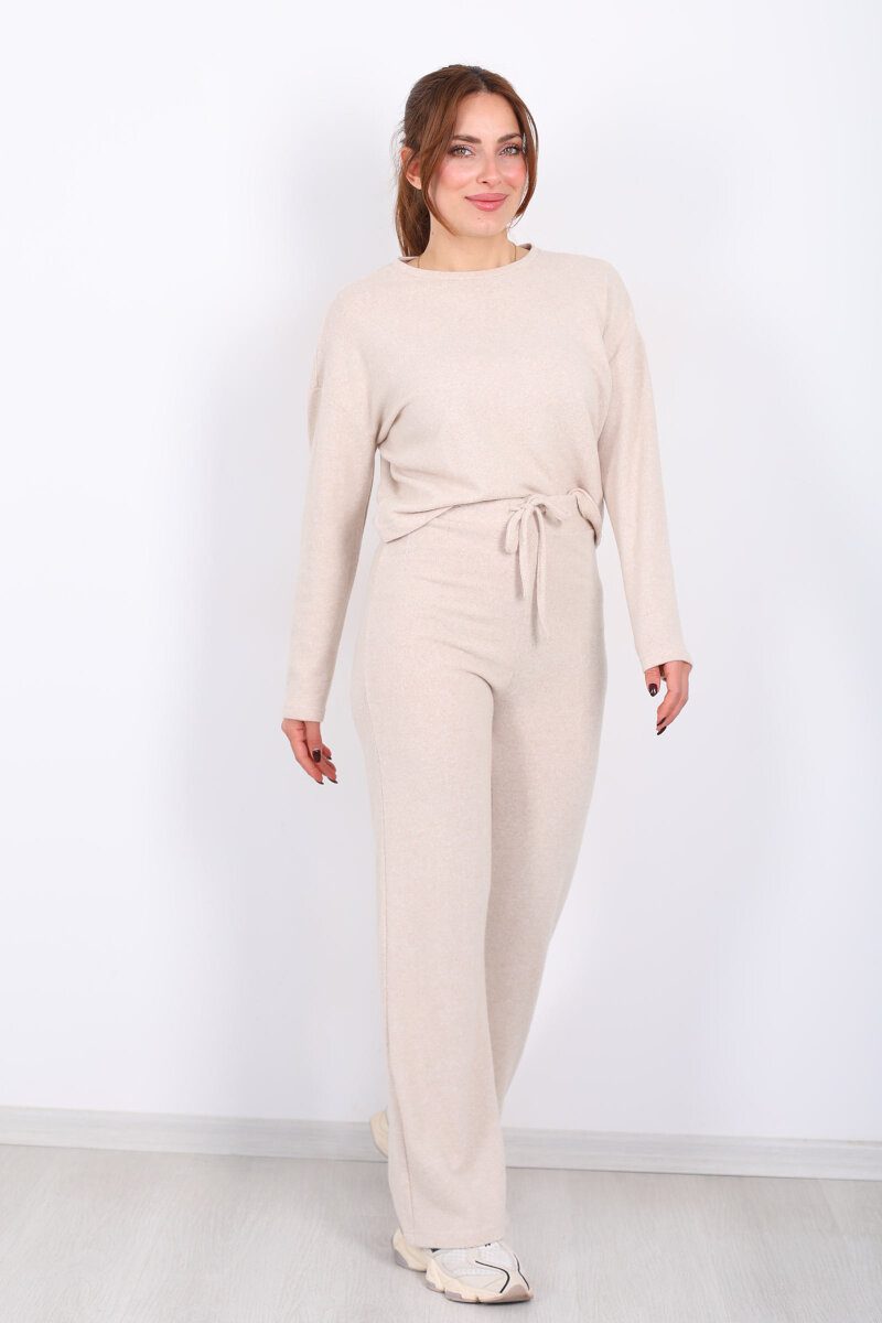 Bisiklet Yaka Beli Bağlamalı Taş Rengi Kadın Yumoş Takım - 6