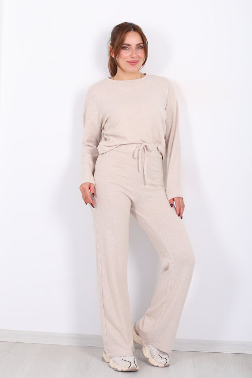 Bisiklet Yaka Beli Bağlamalı Taş Rengi Kadın Yumoş Takım - 3