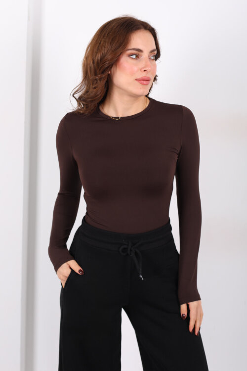 Bisiklet Yaka Belize Kahverengi Kadın Body - 3