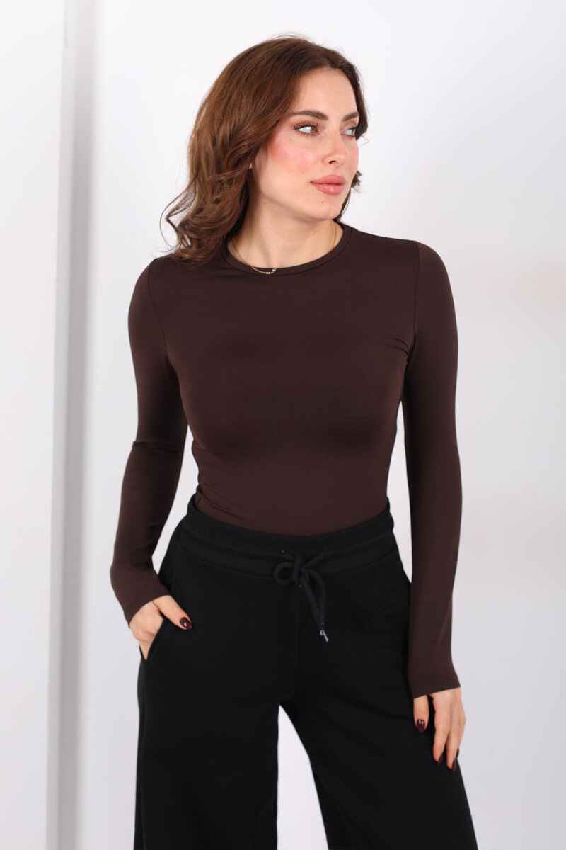 Bisiklet Yaka Belize Kahverengi Kadın Body - 3