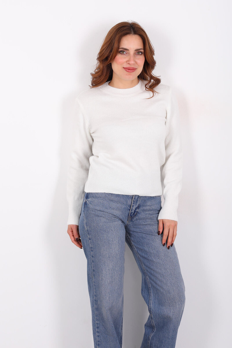 Bisiklet Yaka Beyaz Kadın Triko Kazak - 6