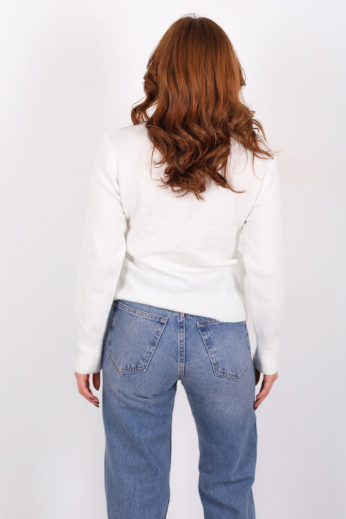 Bisiklet Yaka Beyaz Kadın Triko Kazak - 5