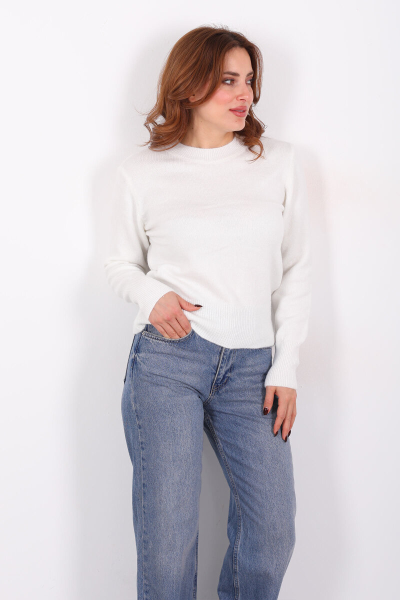 Bisiklet Yaka Beyaz Kadın Triko Kazak - 4