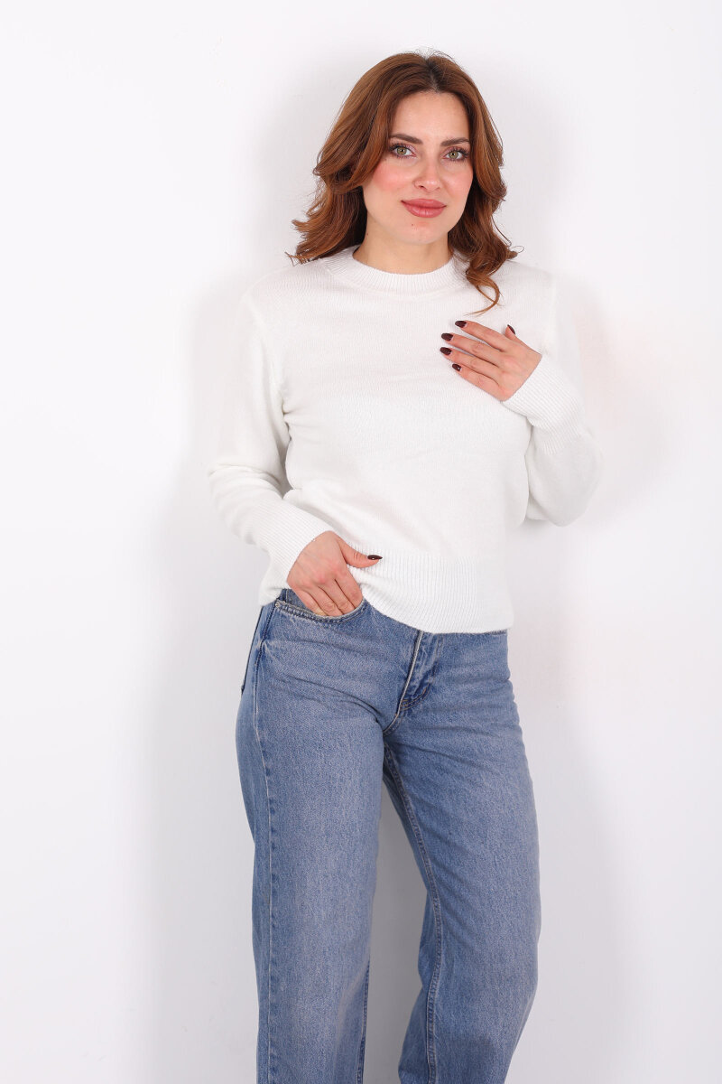 Bisiklet Yaka Beyaz Kadın Triko Kazak - 1