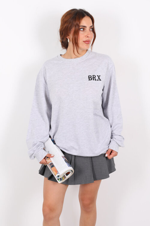 Bisiklet Yaka BRX Baskılı İki İplik Gri Kadın Sweat - 6