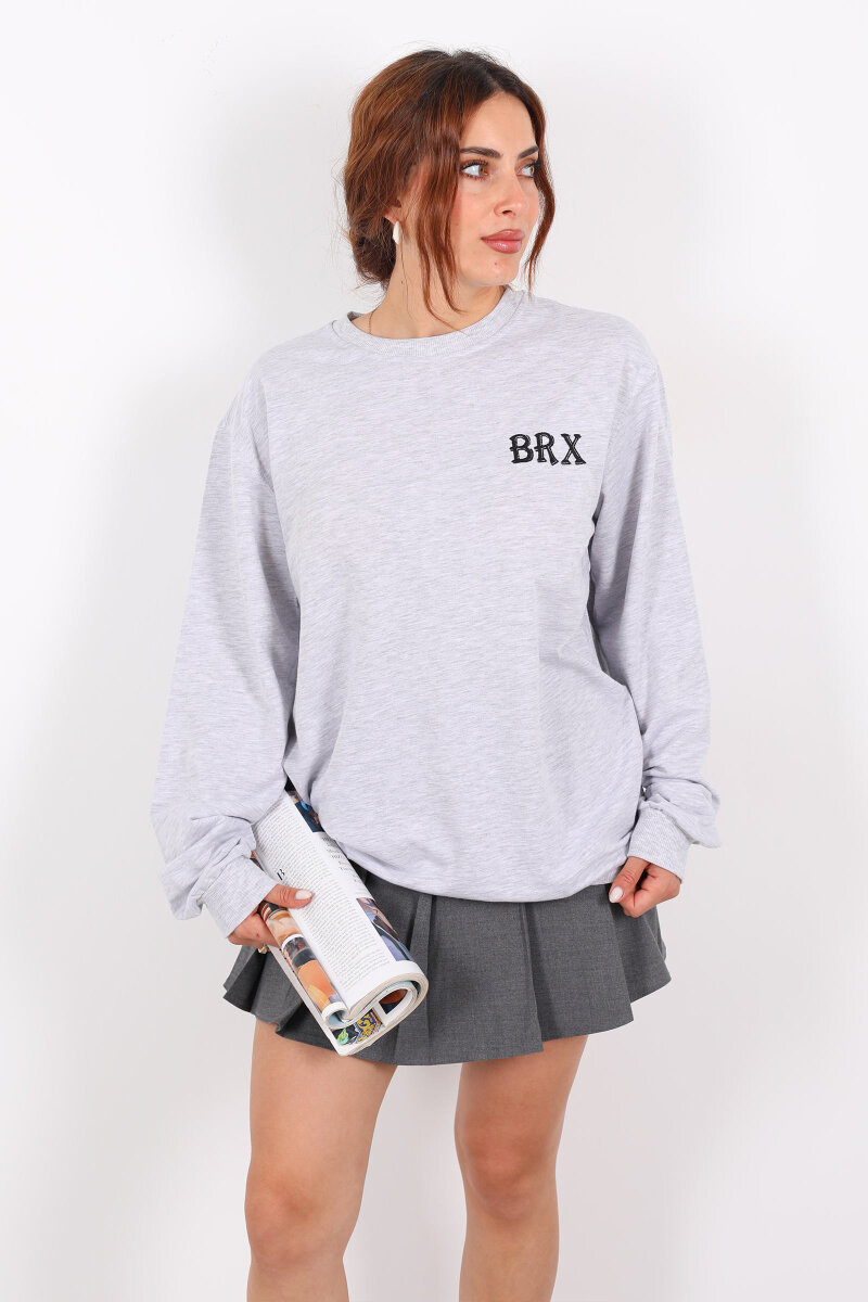 Bisiklet Yaka BRX Baskılı İki İplik Gri Kadın Sweat - 6