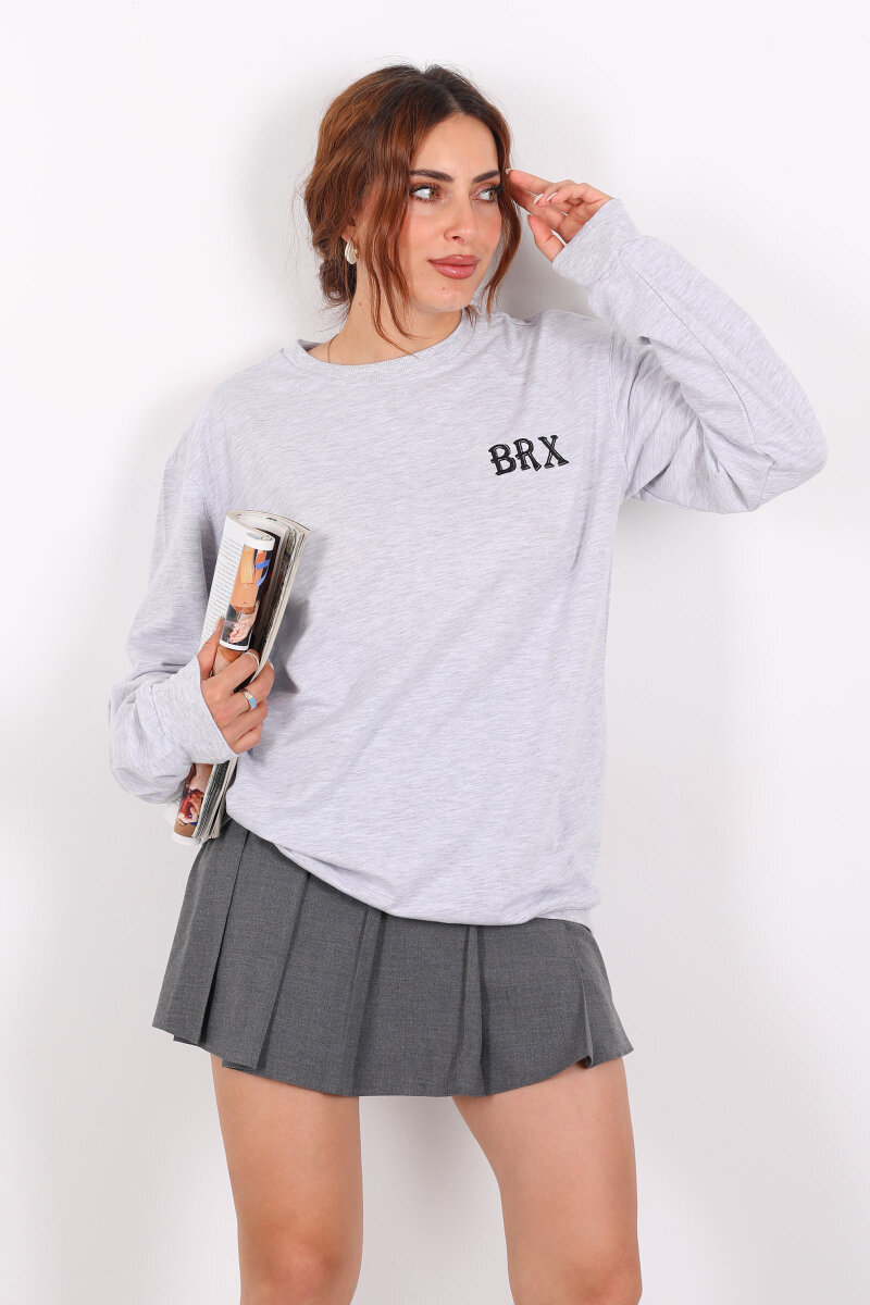 Bisiklet Yaka BRX Baskılı İki İplik Gri Kadın Sweat - 1