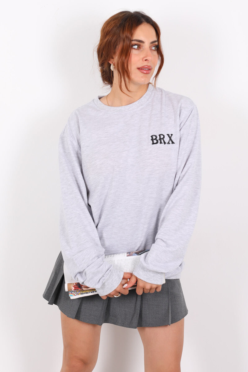 Bisiklet Yaka BRX Baskılı İki İplik Gri Kadın Sweat - 3