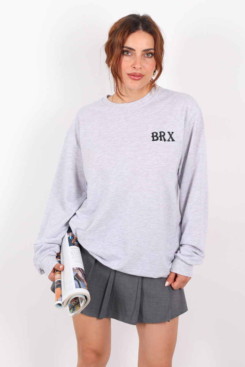 Bisiklet Yaka BRX Baskılı İki İplik Gri Kadın Sweat - 4