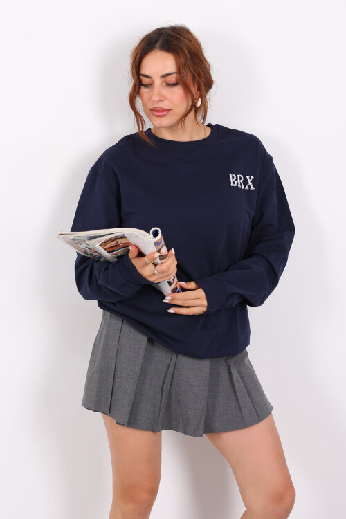 Bisiklet Yaka BRX Baskılı İki İplik Lacivert Kadın Sweat - 4