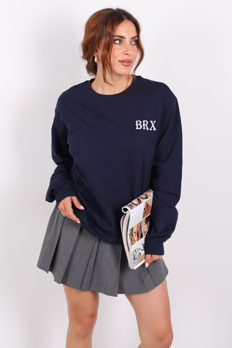 Bisiklet Yaka BRX Baskılı İki İplik Lacivert Kadın Sweat - 6