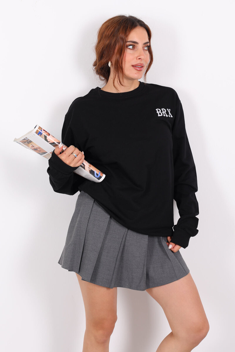 Bisiklet Yaka BRX Baskılı İki İplik Siyah Kadın Sweat - 7